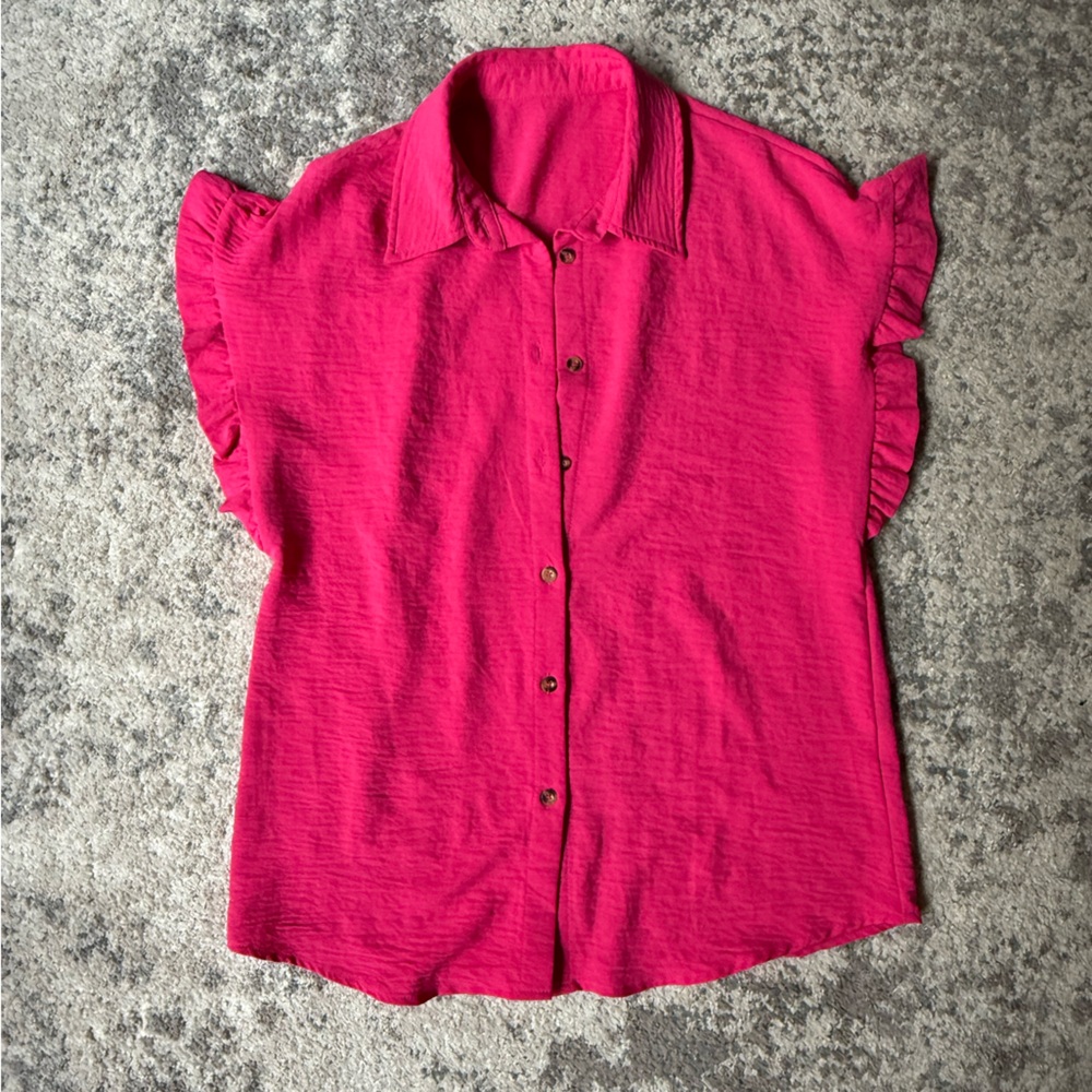 Women's Casual Button Down Ruffle Short Sleeve V Neck Shirt